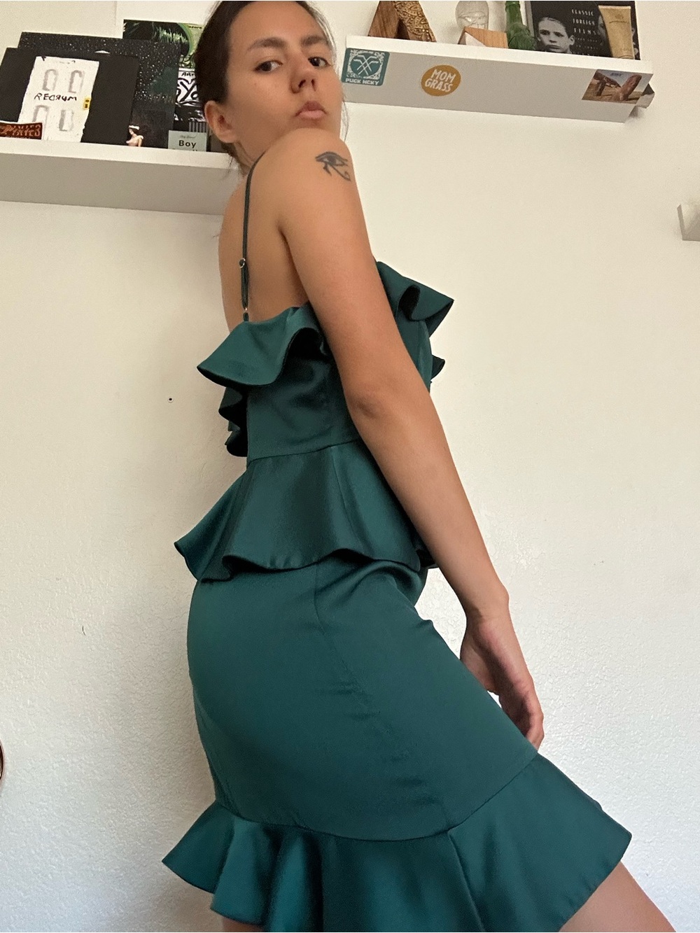 Ruffled Peplum Bodycon Dress in Deep Green